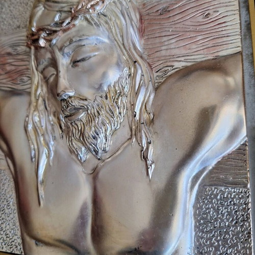 Religious icon The Crucifixion of Christ with 925 silver and gold details like new
