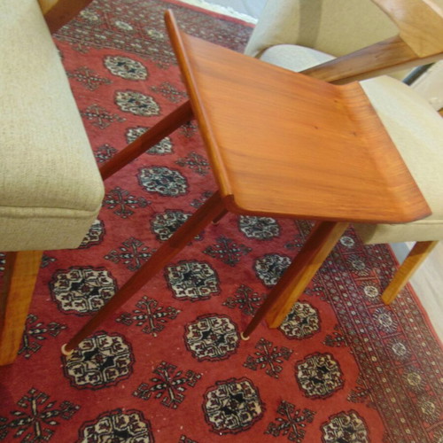 Vintage Danish armchair and 2 chairs with side table, fully refurbished