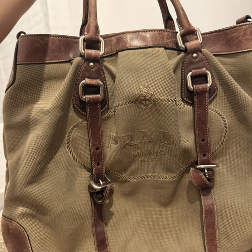 Prada Milano tote bag used, beige canvas and brown leather