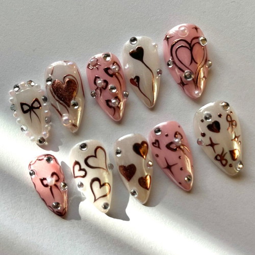Press On Nails handmade pink and white with rose gold hearts