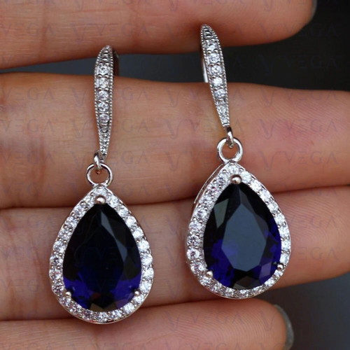 Earrings with Blue Sapphires new, silver plated, classic style