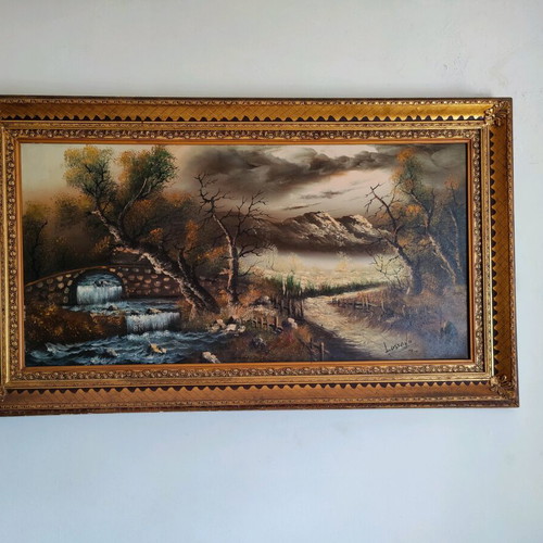 Signed Lussano painting with gold frame 140×85 cm like new