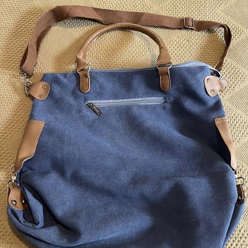 Vintage-style canvas tote bag shoulder, new, white and blue