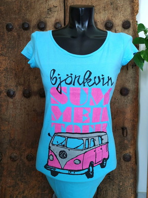 Y2K Bjorkvin graphic tee used, baby blue with retro van print