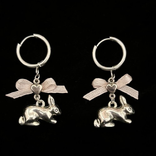 Handmade earrings with bunny and bows, new, pink and silver
