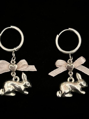 Handmade earrings with bunny and bows, new, pink and silver