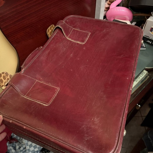 Vintage burgundy suitcase used, retro decorative collectible