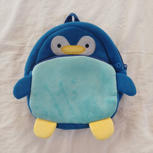 Penguin baby backpack, blue and yellow