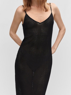 Mango black long crochet knit dress L new
