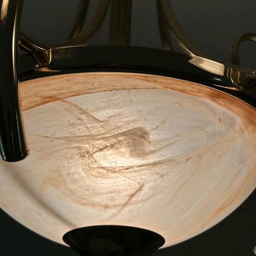 Ceiling chandelier used with handmade glass and bronze