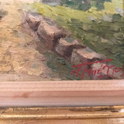 Πίνακας ελαιογραφία μεταχειρισμένος με ειδυλλιακό ρουστίκ τοπίο και χρυσή παλιά κορνίζα