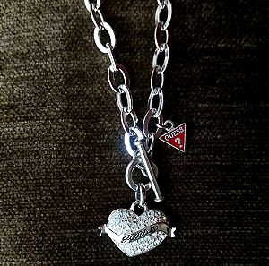 GUESS Silver Tone Rhinestone Heart engraved logo Necklace Pendant