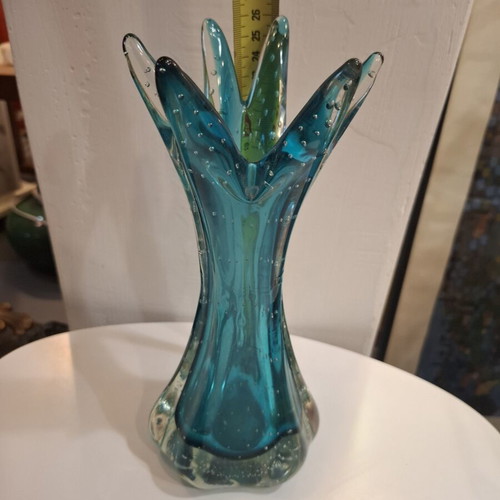 Teal Bubble Sommerso Seguso Murano glass vase used, 1970s Italy