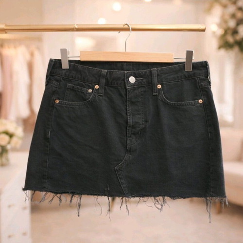 Black denim mini skirt new with frayed hem