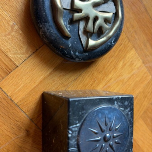 Press Papiers set with black marble and silver and bronze details like new