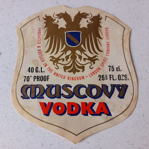 Muscovy Vodka label used, 11 x 10 cm