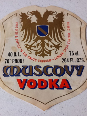 Muscovy Vodka label used, 11 x 10 cm