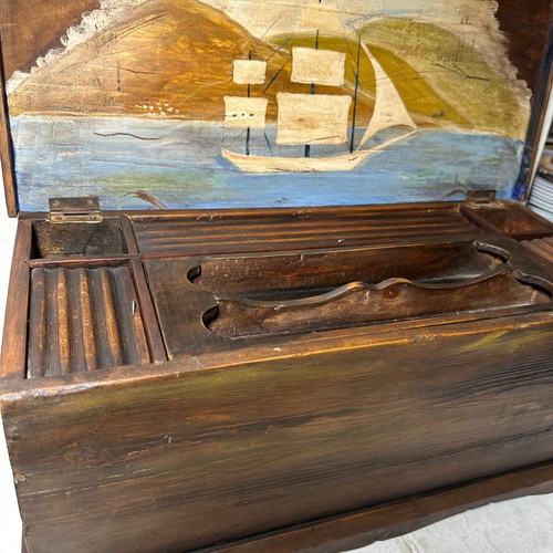 Wooden desk box with painting used, with secret compartments