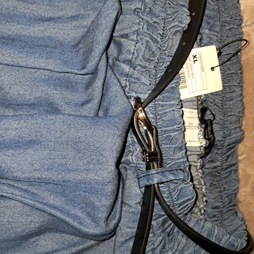 Denim skirt new, maxi with black belt and pockets, blue