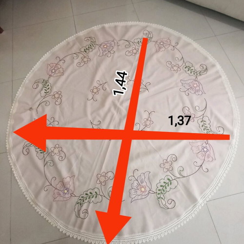 Tablecloth with lace used, embroidered floral design, beige