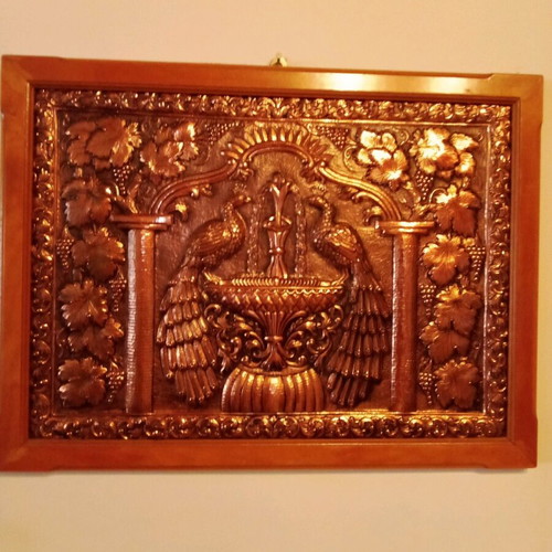 Vintage brass wall relief in wooden frame like new