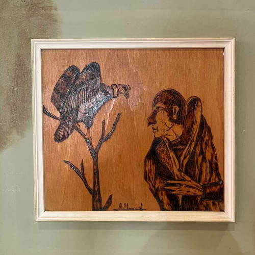 Vintage pyrography wall frame with vulture and elderly man, artist signature, 43x44