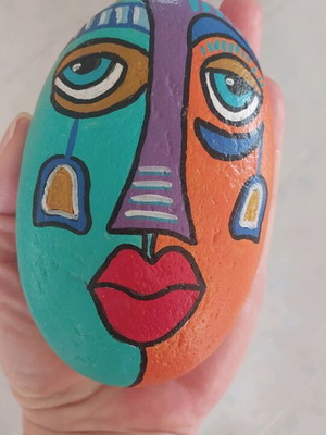 Painted stone with African mask and acrylic colors new