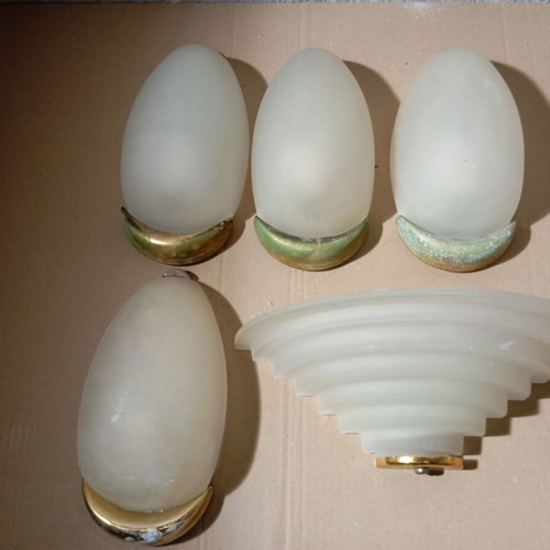 Opaline Art Deco wall lights used, set of 5 pieces