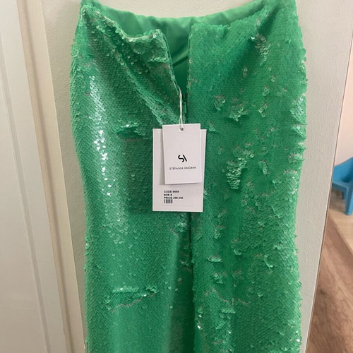Stefania Vaidani green dress with sequins and side slits, new, size S