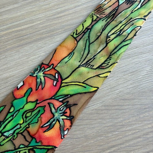 Handmade tie 100% pure silk with painted vegetable design