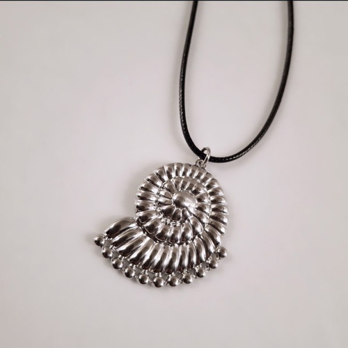 Long necklace with black cord and steel snail pendant, new