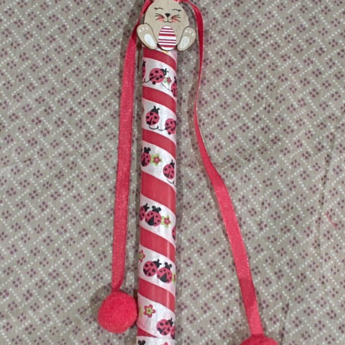 Handmade red candle like new with wooden bunny and ladybug ribbon 40 cm