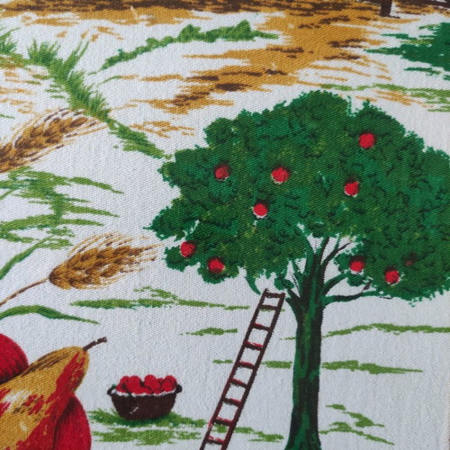 Countryside framed art used with fruit bowl on cotton fabric and wooden frame