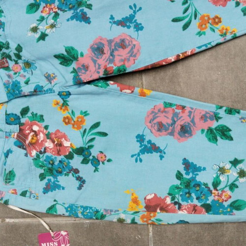 Jeans pants with flowers new, turquoise, size S