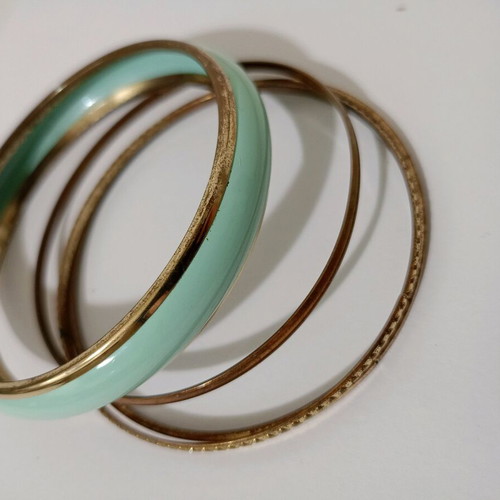 Brass retro vintage bracelets used, set of 4, blue enamel