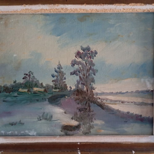 Retro landscape oil painting used, impressionist style with river and trees