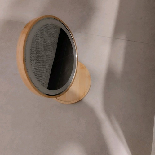 Table mirror with wooden frame and rechargeable lighting