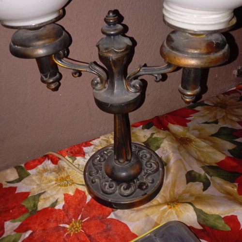 Vintage brass table lamp with two globe shades used, authentic handmade