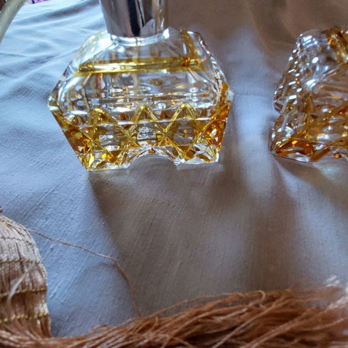 Crystal toilet set used, 2 bottles with yellow double crystal