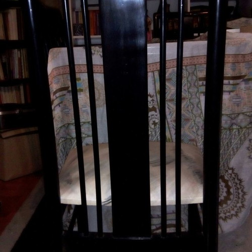 Dining set used, black lacquer with six chairs and glass table