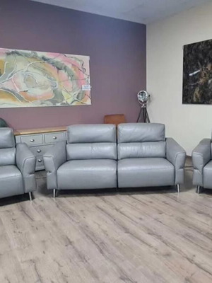 Gray leather sofa three-seater and two armchairs with electric relax mechanism new