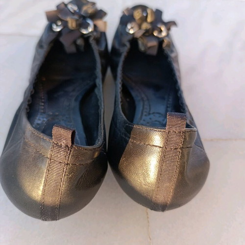 Black Genuine Leather Peep-Toe Ballet Flats - Size 39