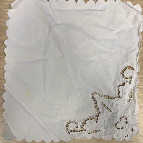 Embroidered tablecloth with cutwork used, 33x33 cm