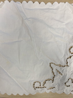 Embroidered tablecloth with cutwork used, 33x33 cm