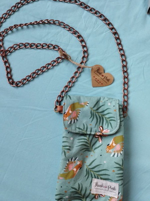 Think Pink handmade small crossbody bag with bronze chain, multicolor