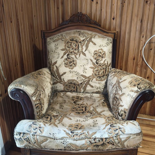 Armchair used, wooden frame vintage style with jacquard fabric
