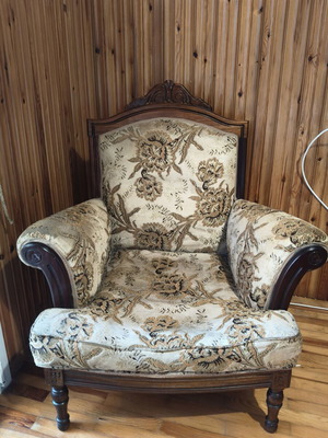 Armchair used, wooden frame vintage style with jacquard fabric