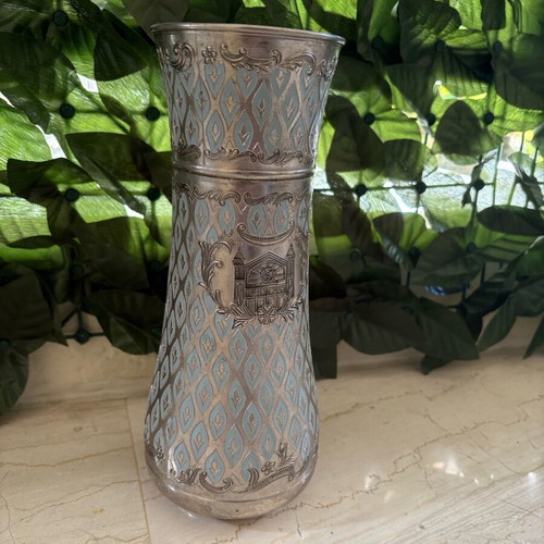 Vintage metal vase used with embossed designs 24 cm
