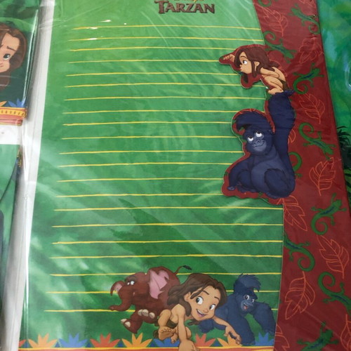Tarzan Disney school set new with 3 pencils, 2 erasers, keyrings, notecards and envelopes, stamp set 1999