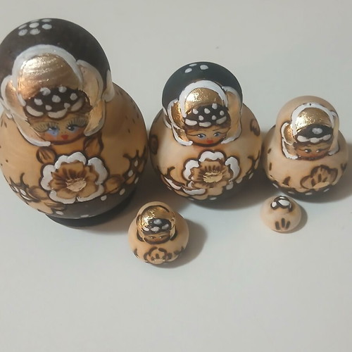 Handmade Wooden Russian Matryoshka Doll Set of 5 with Gold Details